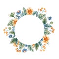Floral round frame of watercolor wildflowers