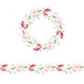 Floral round garland and endless pattern brush made of red and pink tulips.