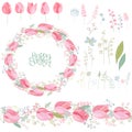 Floral round garland and endless pattern brush made of redk tulips. Royalty Free Stock Photo