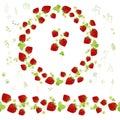 Floral round garland and endless pattern brush made of ripe strawberries.