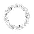 Floral round wreath of branches  leaves  berries. Elegant border  black outline drawing on white background. Decorative frame Royalty Free Stock Photo