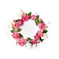 Floral round wreath. Flowers composition made of roses isolated on white background