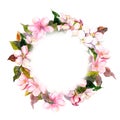 Floral round wreath - pink flowers, apple, cherry blossom for postcard. Aquarelle Royalty Free Stock Photo