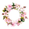 Floral round wreath with pink flowers - apple, cherry blossom for postcard. Watercolor Royalty Free Stock Photo