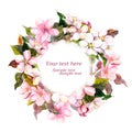 Floral round wreath with pink flowers - apple, cherry blossom for postcard. Watercolor Royalty Free Stock Photo