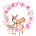 Floral round wreath of pink lily flowers and deer.