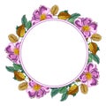 Floral Round wreath with pink wild rose, rose hip, dog rose, green and yellow leaves., hand drawn watercolor frame isolated on Royalty Free Stock Photo