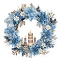 Floral round wreaths with Green leaves blue bows and candles. Hanukkah as a traditional Jewish holiday