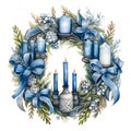 Floral round wreaths with Green leaves blue bows and candles. Hanukkah as a traditional Jewish holiday