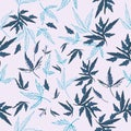 Floral rustic vector pattern with leaves and plants in blue color