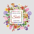 Floral sale banner and garden flowers special order vector illustration. Flowers for summer sale. Floral lettering