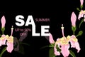 Tropical vector sale design with bright hibiscus flowers and exotic palm leaves on dark background. Royalty Free Stock Photo