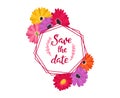 Floral Save the date invitation with colorful flowers. Geometric hexagon with pink, orange, and yellow daisies. Wedding Royalty Free Stock Photo