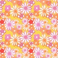 Pink, red and orange floral seamless pattern. Bohemian vintage pattern with daisy flowers in 60s and 70s style. Flower power
