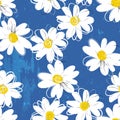 Floral seamless background pattern, with abstract flowers, daisies, paint strokes and splashes, on blue