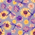 Floral seamless background. Pattern with beautiful watercolor flowers, sunflower and dragonflies. Botanical hand drawn