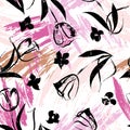 Seamless tulip flowers background pattern, with leaves, paint strokes and splashes, floral pattern,