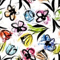 Floral seamless background pattern, with paint strokes and splashes, colorful