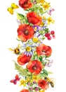 Floral Seamless Border Stripe With Bright Flower, Butterflies, Honey Bees. Watercolor Strip - Meadow Grass, Red Poppies