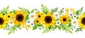 Seamless border with sunflowers, daisy flowers, and fern. Vector illustration Royalty Free Stock Photo