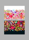 Floral seamless ethnic borders variation with colorful abstract flowers, pomegranate and paisley for textile design on white back