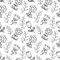 Floral seamless pattern with abstract doodle flowers.. Background in black and white colors. Royalty Free Stock Photo