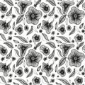 Floral seamless pattern with abstract doodle flowers and leaves.Vector hand drawn line illustration.