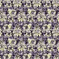 Floral seamless pattern with abstract leaves, flowers, petunias and daisies in white, lilac, yellow and black.