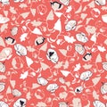 Floral seamless pattern. Abstract leaves, flowers, poppies and plants in coral, beige, cream and black.