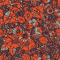 Floral seamless pattern with abstract leaves, flowers, poppies, tulips, lilies and plants in orange, beige, cream and black. Royalty Free Stock Photo