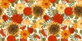 Floral seamless pattern with autumn flowers, leaves and apples. Vector background for various surface. Royalty Free Stock Photo