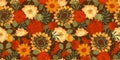 Floral seamless pattern with autumn flowers, leaves and apples. Vector background for various surface. Royalty Free Stock Photo