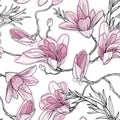 Floral seamless pattern background with hand drawn tropical japanese flowers, magnolia flowers, spring branches. Royalty Free Stock Photo