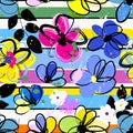 Floral seamless pattern background, with horizontal stripes, leaves, strokes and splashes, colorful