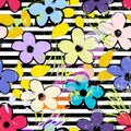 Floral seamless pattern background, with stripes, leaves, strokes and splashes, black and white Royalty Free Stock Photo