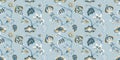 Floral seamless pattern, background. Whimsical flowers Jacobean style on a pastel blue background