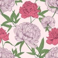 Floral seamless pattern with beautiful peony flowers hand drawn on light background. Elegant backdrop with tender summer