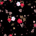 Floral seamless pattern. Beautiful pink and red flowers on black background. Fashion print for fabric. Vector illustration Royalty Free Stock Photo