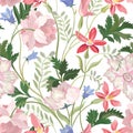 Floral seamless pattern. Beautiful spring summer background with tropical garden flowers, palm leaves. Gentle flower tile