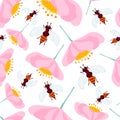 Floral seamless pattern with bees on a white background. White isolated background of wasps and cute pink flowers