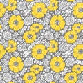 Floral seamless pattern. Big illuminating yellow flowers and white leaves on ultimate gray background. Vector illustration.