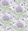 Floral seamless pattern with big violet flowers and green foliage on light background. Pastel colors. Vector Royalty Free Stock Photo