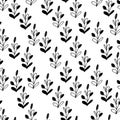 Floral seamless pattern with black branches on white background. Ornament with tropic leaves, sprigs. Vector