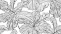 Floral seamless pattern, black and white fiddle leaf fig on white, line art ink drawing