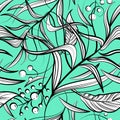 Floral seamless pattern with black and white flower, leaf, berries on mint green background Royalty Free Stock Photo