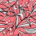 Floral seamless pattern with black and white flowers, leafs, berries on coral pink background