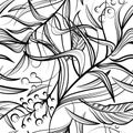 Floral seamless pattern with black and white flowers, leafs, berries
