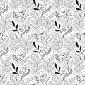 Floral seamless pattern in black and white line style with damask tile motif. Doodle flowers textile print. Vintage