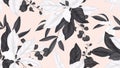Floral seamless pattern, black and white magnolia leaves, eucalyptus leaves on light orange
