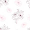 Floral seamless pattern. Blooming decorative rose flowers with buds and leaves on white background. Vector Illustration